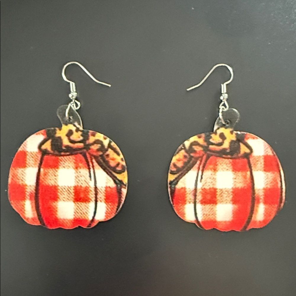 Faux leather Red Plaid Pumpkin Earrings
